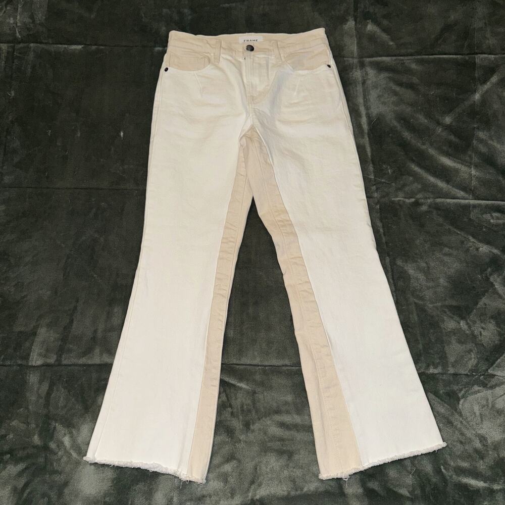 Frame Le Crop Mini Boot Jeans Women's 26 White Cream Denim‎ Cotton Frayed Hem